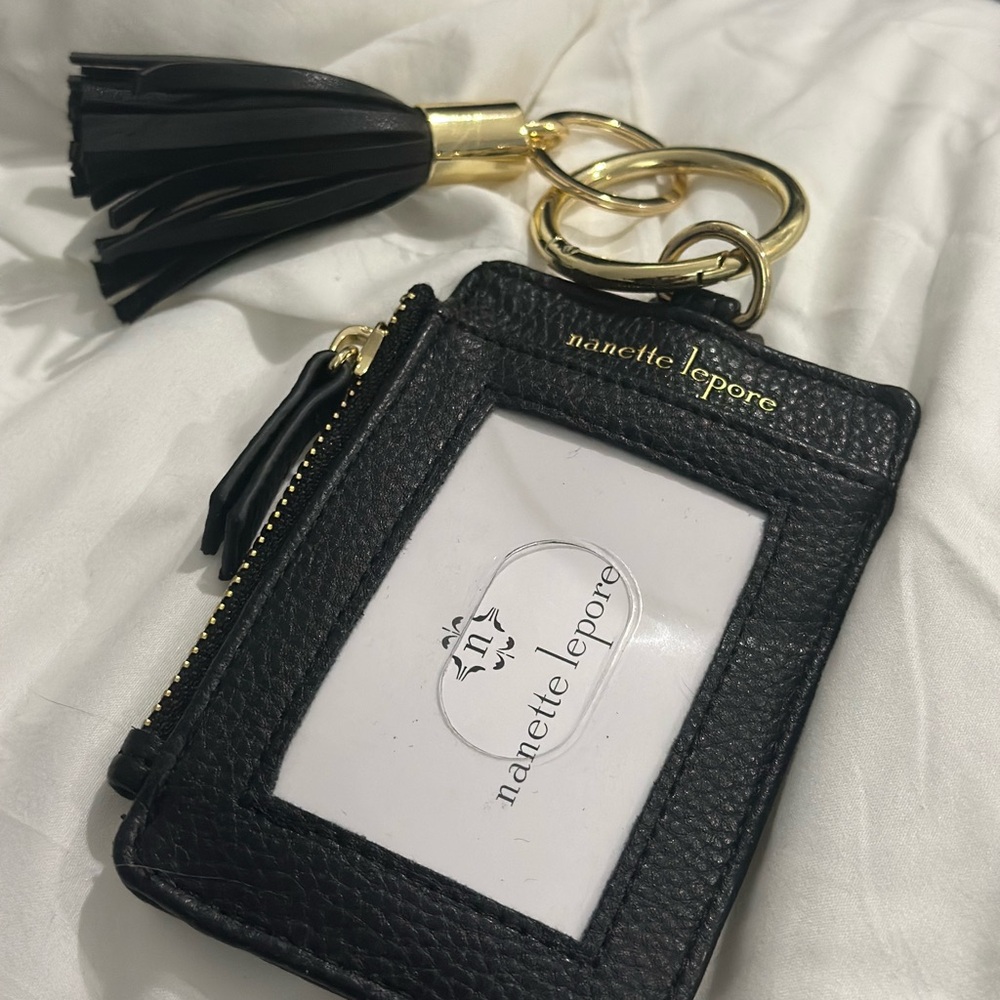 Nanette Lepore Black Leather Tassel Keychain Wallet ID Card - Monogrammed “L” - Picture 2 of 4